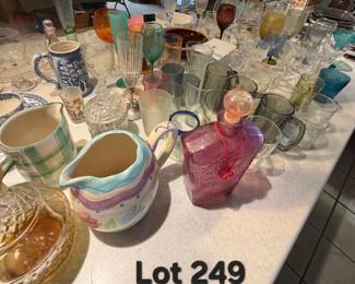 Lot 249 Glasses, pitchers, bottles, more