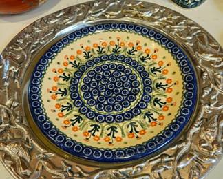 Polish pottery and chrome charger