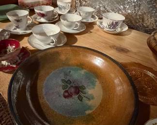 MONROE SALT WORKS Signed Pottery 10" Pie Plate Fruit Pattern Glazed Maine