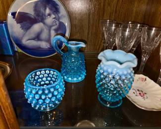 vintage Fenton Blue Opalescent Hobnail art glass pieces