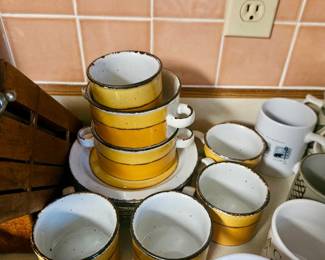 Vintage Midwinter Pottery Stonehenge Sun Mug Coffee Cups and Dishes Yellow Orange