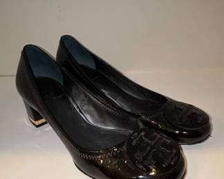 Tory Burch Amy Black Patent Leather Block Heel Pumps