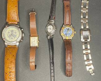 Wristwatches: Faconnable Marine Chronograph, Pulsar Rectangular Quartz, Eddie Bauer Sport Watch, Fossil Link Bracelet Watch