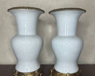 White Crackle Glaze Vases with Ormolu Bases