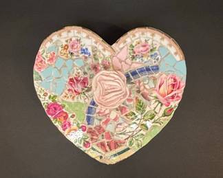 Pique Assiette Mosaic Heart Trinket Box with Floral Motifs