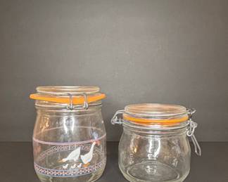 Vintage ARC France Glass Canisters with Wire Bail Lids - Goose and Hearts Pattern