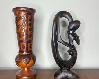 Vintage Hand-Carved Wooden Vase and Abstract Sculpture