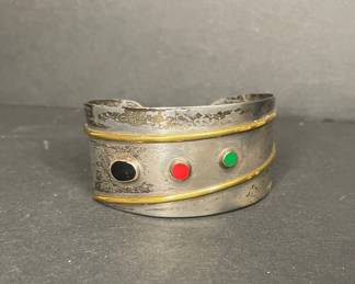 Mixed Metal Cuff Bracelet with Black, Red, and Green Cabochons