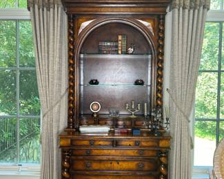 Burled Walnut Secretary Bookcase with Barley Twist Columns