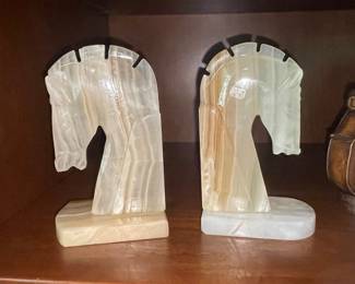 Vintage Onyx Horse Head Bookends - Chess Knight Style