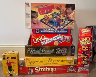 Vintage Board Games Collection (Mouse Trap, Chinese Checkers, Uno Madness, Trivial Pursuit 20th Anniversary Edition, The Worst-Case Scenario Survival Game, Stratego, Spare-Time Bowling, Uno Stacko)