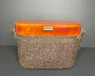 Vintage Beaded Box Bag with Marbled Lucite Lid