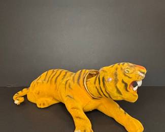 Vintage Flocked Tiger Figurine with Gold-Tone Collar