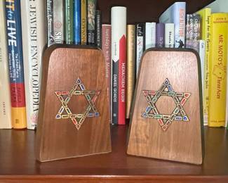 Vintage Star of David Wooden Bookends with Enamel Inlay