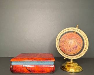 Faux Burl Wood Box and Mini Globe