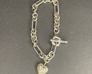 David Yurman Sterling Silver and 14k Gold Heart Charm Bracelet
