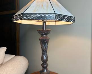 Tiffany Style Hexagonal Table Lamp with Greek Key Border