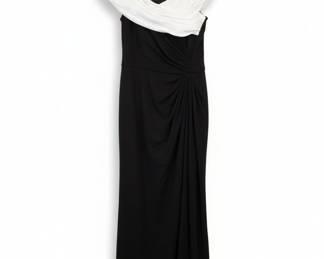 Tadashi Shoji Black and White Draped Off-the-Shoulder Gown