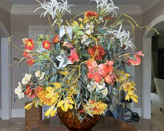 Large Decorative Silk Floral Arrangement in Amber Glass Vase