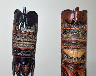 East African Safari Scene Carved Wooden Masks