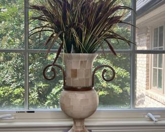 Mosaic Stone Urn with Faux Grass Arrangement