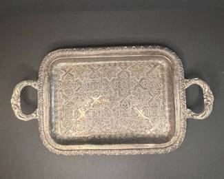 Vintage Silver-Plated Serving Tray with Geometric and Floral Motifs