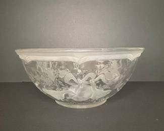 Frosted Glass Serving Bowl with Ribbon and Fruit Motif - Verlys