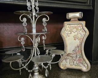 Crystal-draped candelabra stand & Asian-style deer trinket box
