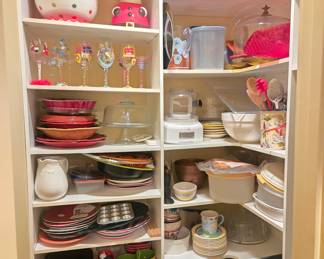Pantry lot: kitchenware, bakeware, glassware, Cuisinart food processor
