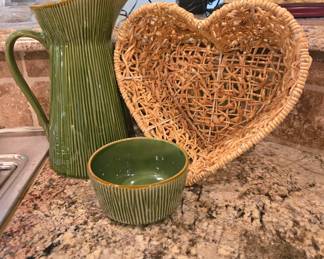 Green ribbed ceramic pitcher, bowl, woven heart basket