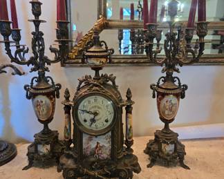 French style porcelain & brass mantel clock, candelabra garniture set