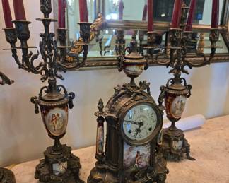 French style porcelain & brass mantel clock, candelabra garniture set