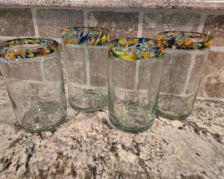 Mexican hand-blown confetti rim glasses, set of 4