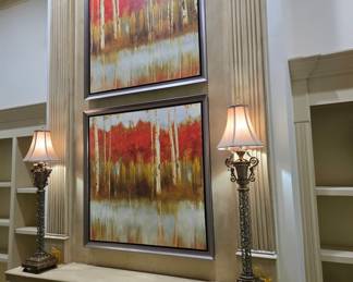 Pair large framed birch tree canvas prints, matching set