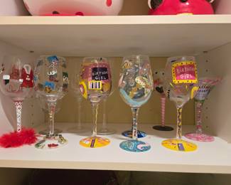 Hand-painted novelty wine glasses, birthday theme, set of 7