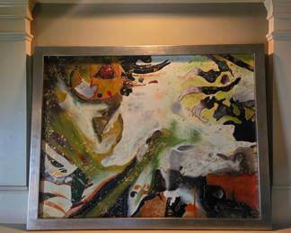 Large abstract painting, silver frame, unsigned artist