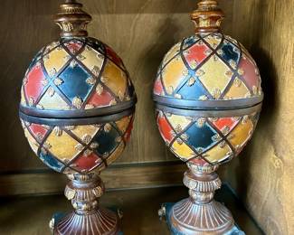 Pair of Harlequin Decorative Lidded Urns