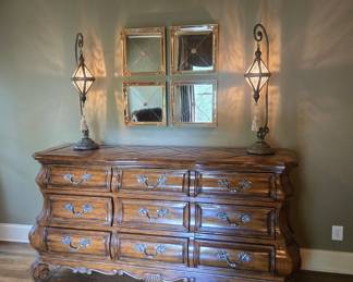 Bombe-style carved wood dresser, 9 drawers