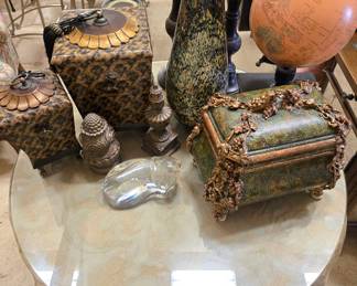 Decorative boxes, art glass vase, candlesticks, globe lot