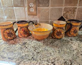 Sunflower ceramic mugs and bowl set, 5 pieces