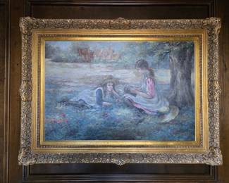 Antique impressionist oil painting, girls in field, ornate gold frame