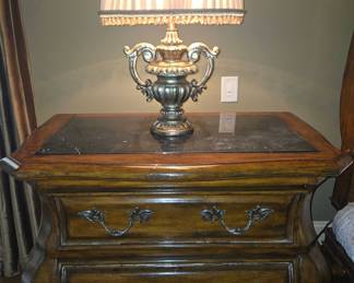 Bombay chest nightstand with marble top, ornate lamp