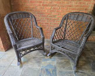Pair of wicker rocking chairs, weathered gray finish