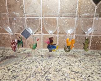 Set of 5 blown glass wine glasses, animal figurine stems