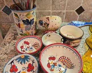 Rooster ceramic bowls & utensil crock lot, kitchen decor