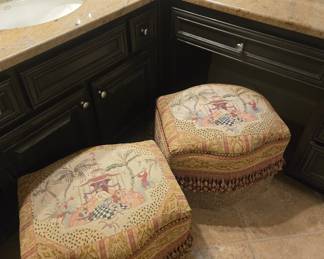 Pair chinoiserie tapestry ottomans, monkey scene, fringe trim