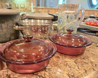 Corning Ware Visions cranberry glass covered casseroles, pair
