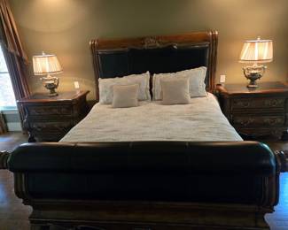 King leather sleigh bed with matching nightstands, set