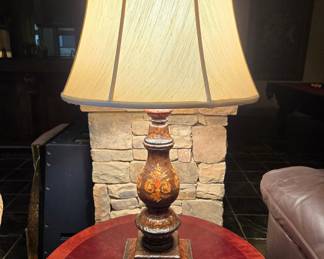 Ornate table lamp, bronze finish base, fabric shade