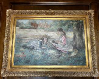 Framed Artwork - Garden scene with figures, Ornate gilt frame
